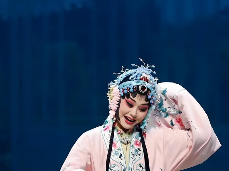 豫剧演出 - 戏曲旦角粉袍水袖牡丹纹样舞台表演